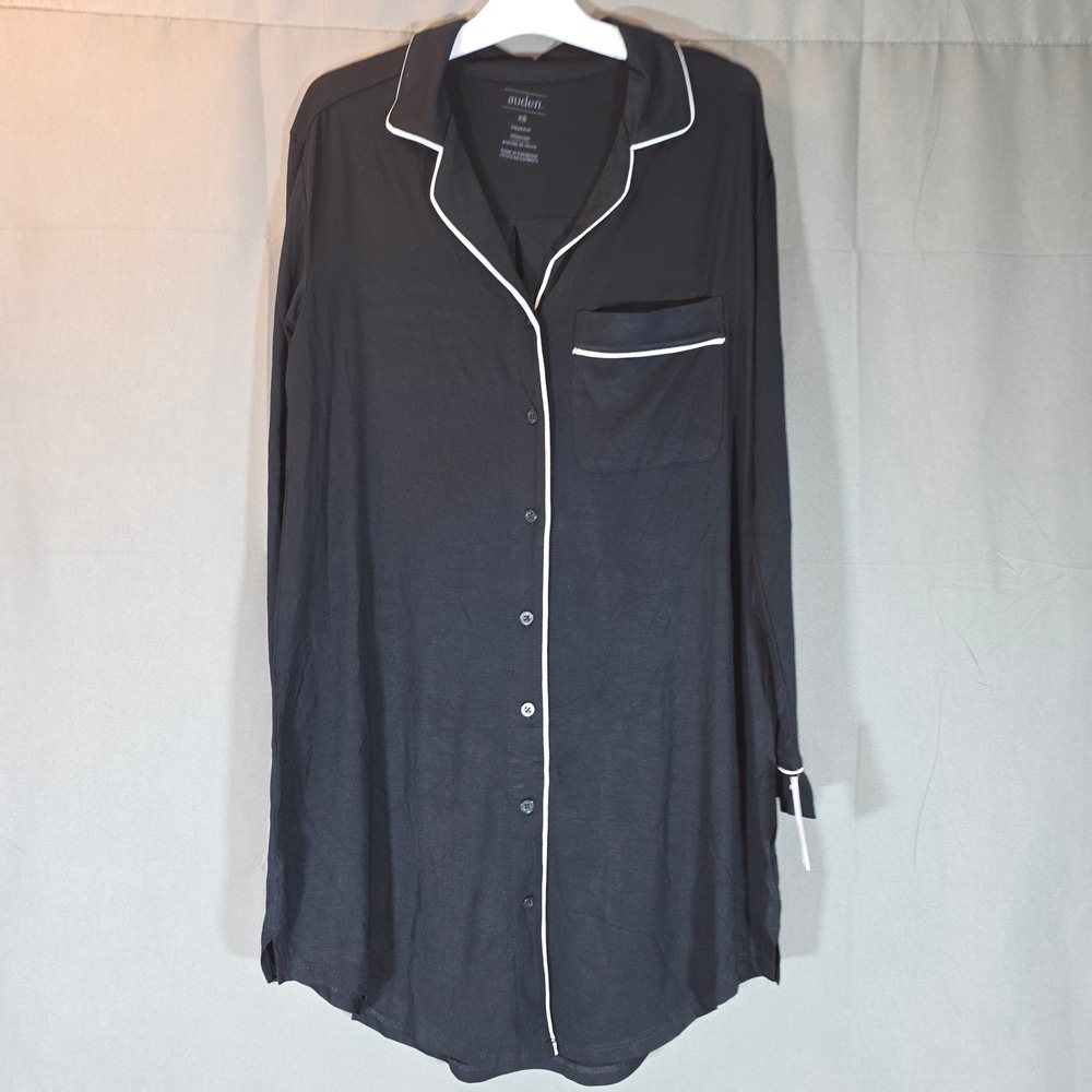 Auden Cloud Knit Long Sleeve Sleep Shirt Black White Piping XS 020 04 1534